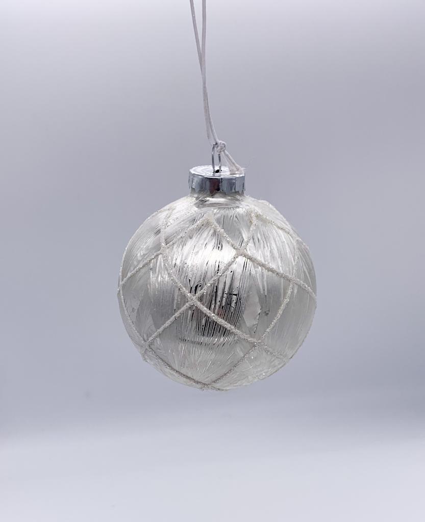 Pallina Albero Di Natale In Vetro Argento Con Decorazioni E Glitter 6cm