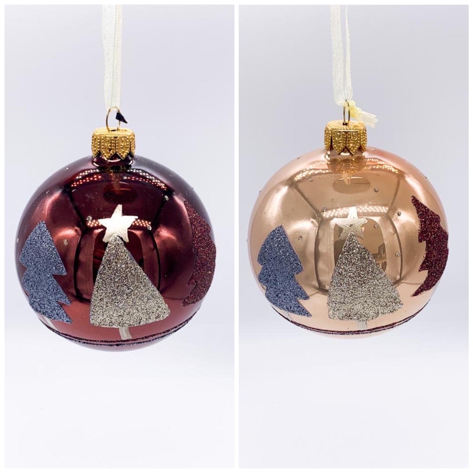 Pallina Albero Di Natale In Vetro Con Alberi Colorati E Glitter Assortiti 8cm