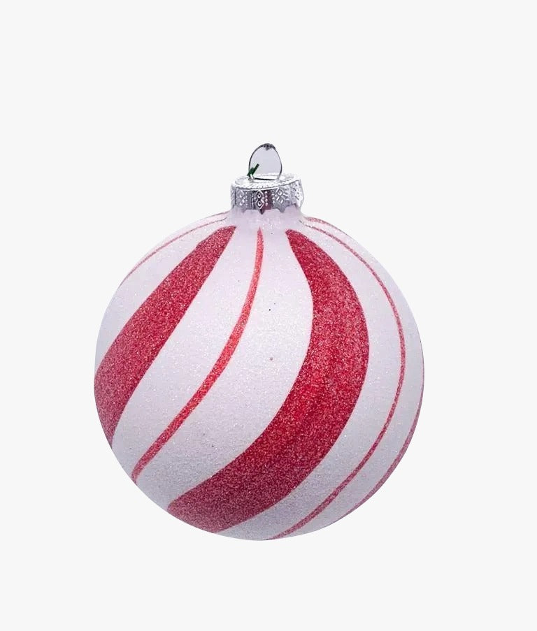 Pallina Albero Di Natale In Vetro Rossa Bianca Strisce Ondulate Glitter 10cm