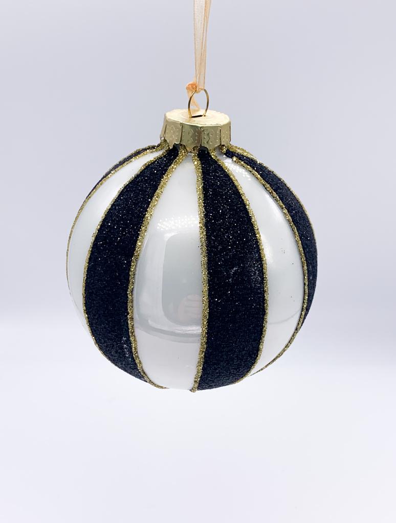 Pallina Albero Di Natale In Vetro Bianca E Nera A Strisce Verticali 8cm