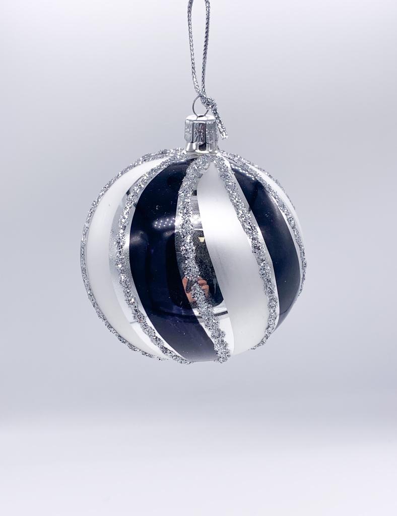 Pallina Albero Di Natale In Vetro Argento E Nera A Strisce Verticali 8cm