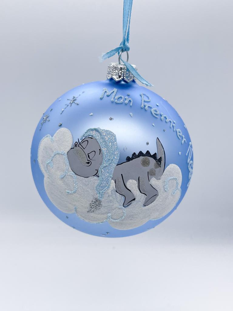 Pallina Albero Di Natale In Vetro Primo Natale Con Dinosauro Per Bimbo 10cm