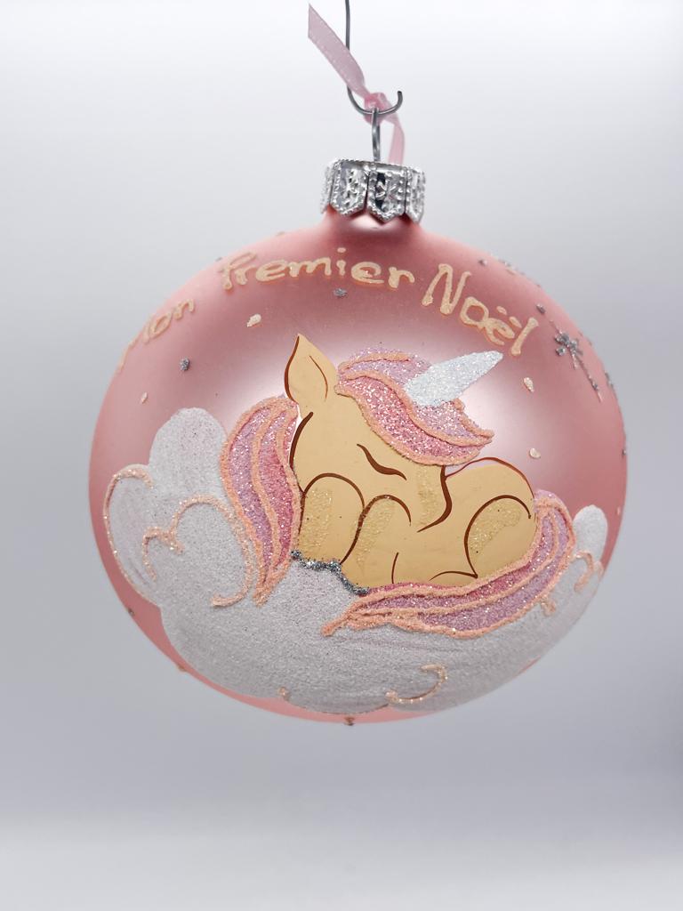 Pallina Albero Di Natale In Vetro Primo Natale Con Unicorno Per Bimba 10cm