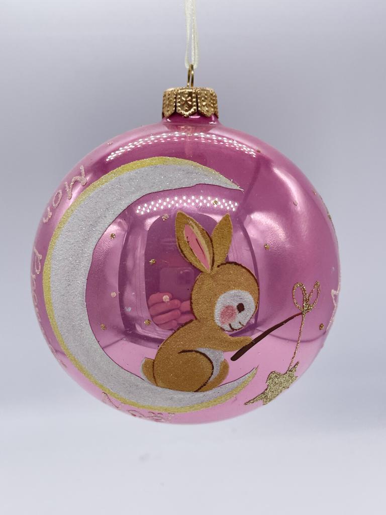 Pallina Albero Di Natale In Vetro Primo Natale Con Coniglietto Per Bimba 10cm