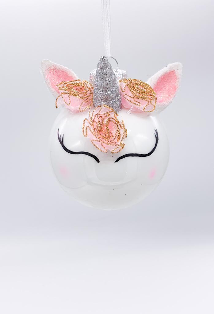 Pallina Albero Di Natale In Vetro Unicorno Con Fiori 8cm