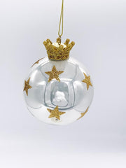 Pallina Albero Di Natale In Vetro Argento Con Corona E Stelle Glitter 8cm