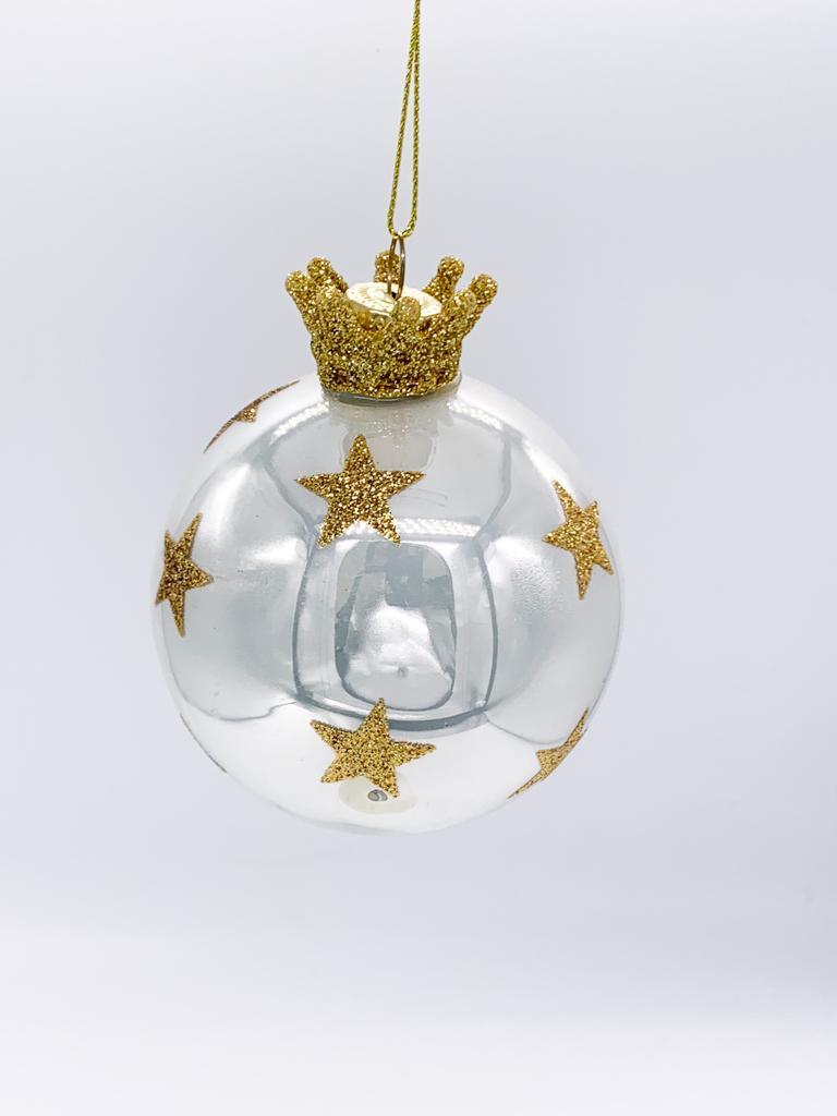 Pallina Albero Di Natale In Vetro Argento Con Corona E Stelle Glitter 8cm