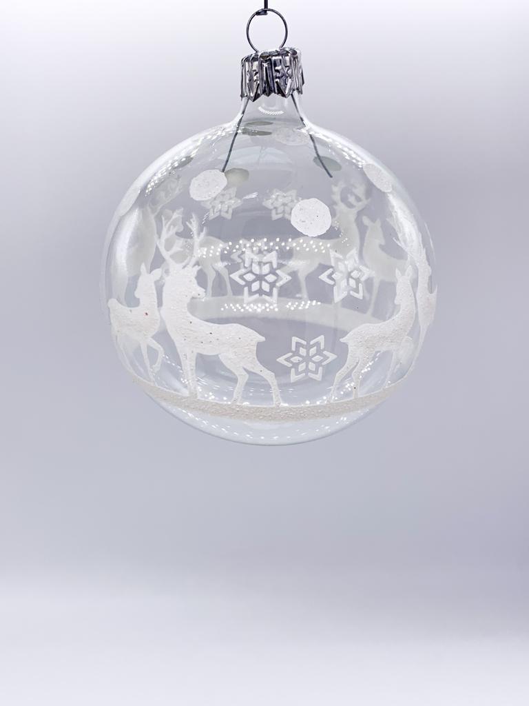 Pallina Albero Di Natale In Vetro Trasparente Con Coppia Di Renne 8cm