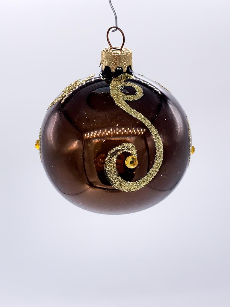 Pallina Albero Di Natale In Vetro Marrone Con Decorazioni E Glitter 6cm