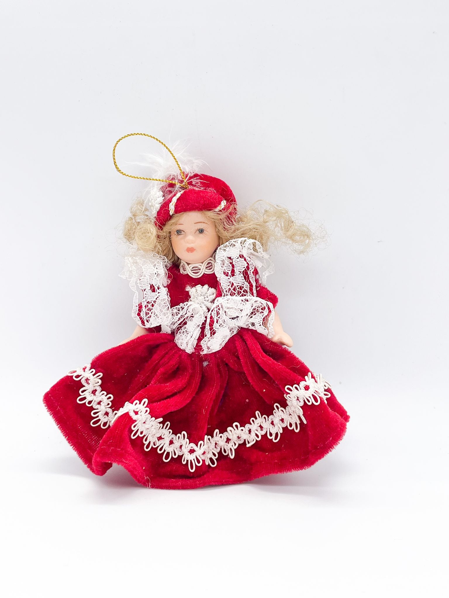 Addobbo Albero Natale Bambolina In Porcellana Con Vestito Rosso 10CM