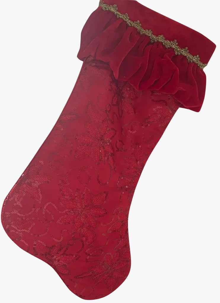 Calza Befana Epifania Rossa Con Bordo In Velluto E Decorazioni Oro 55cm