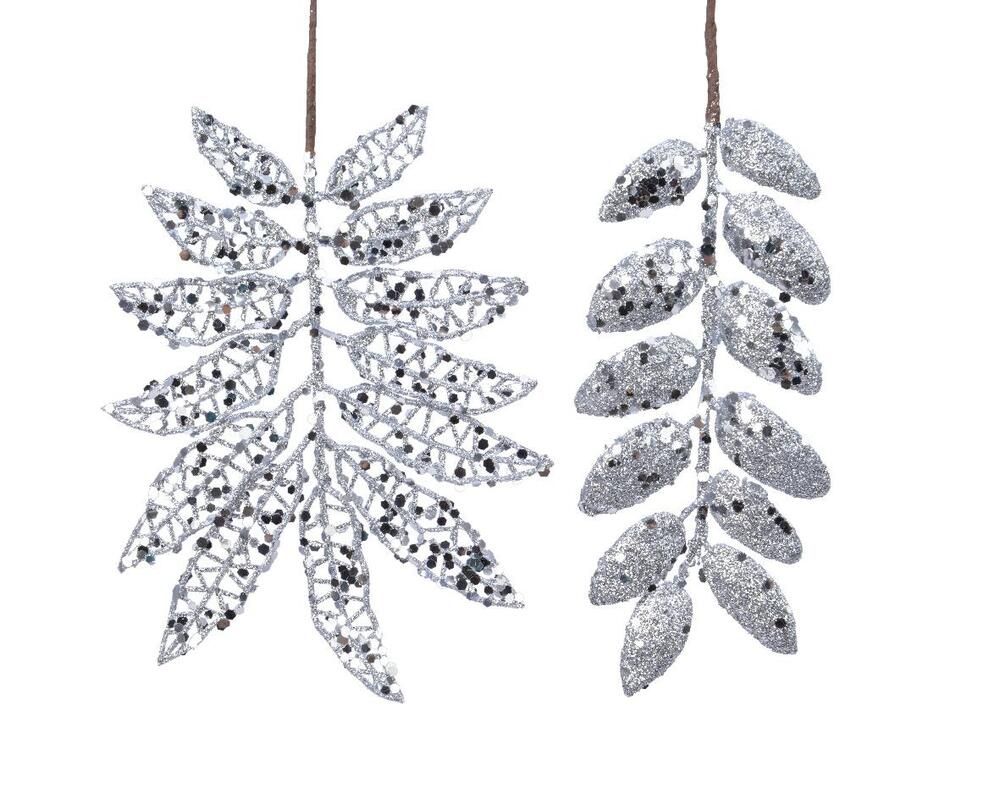 Addobbo Albero Di Natale Ramo Con Foglie Argento Glitter