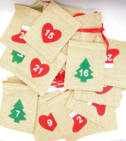Calendario Dell'Avvento Sacchetti In Juta Con Corda E Figure Di Natale
