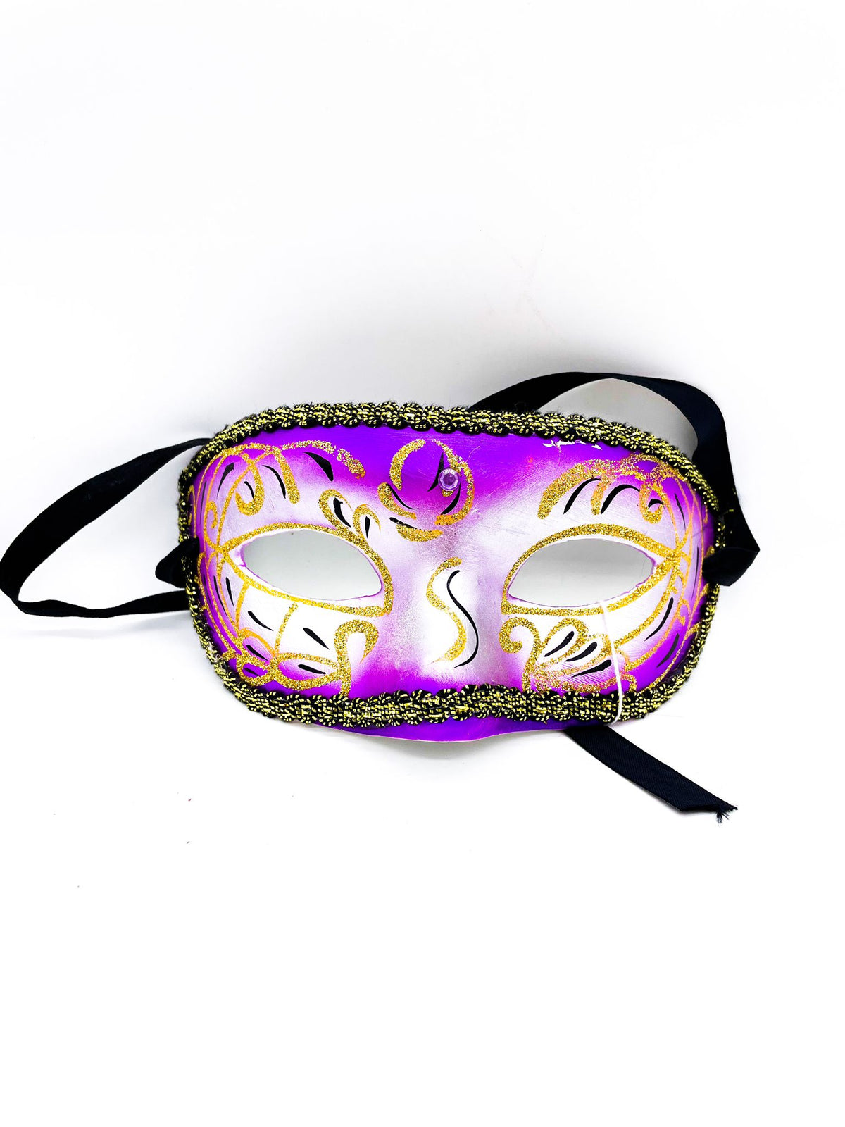 Maschera Veneziana Viola Con Glitter Oro Per Occhi 22x8cm Maschere Carnevale