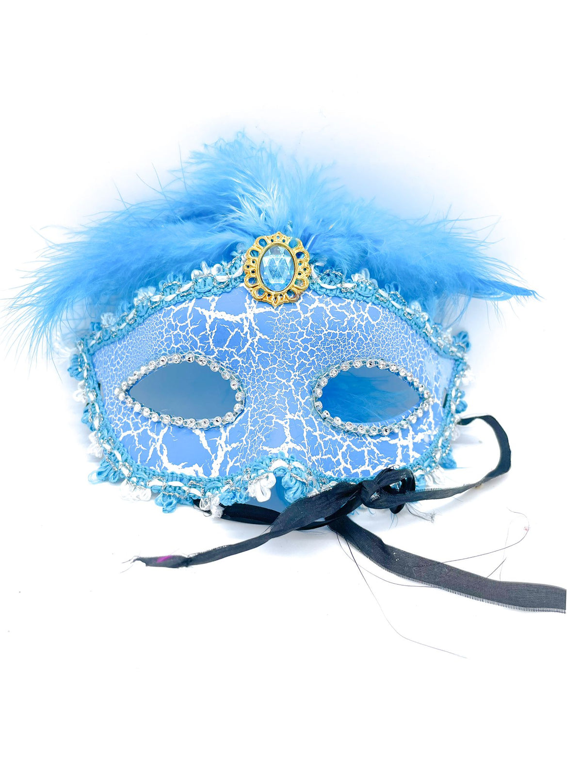 Maschera Veneziana Azzurra Con Piume Per Occhi 22x8cm Maschere Carnevale