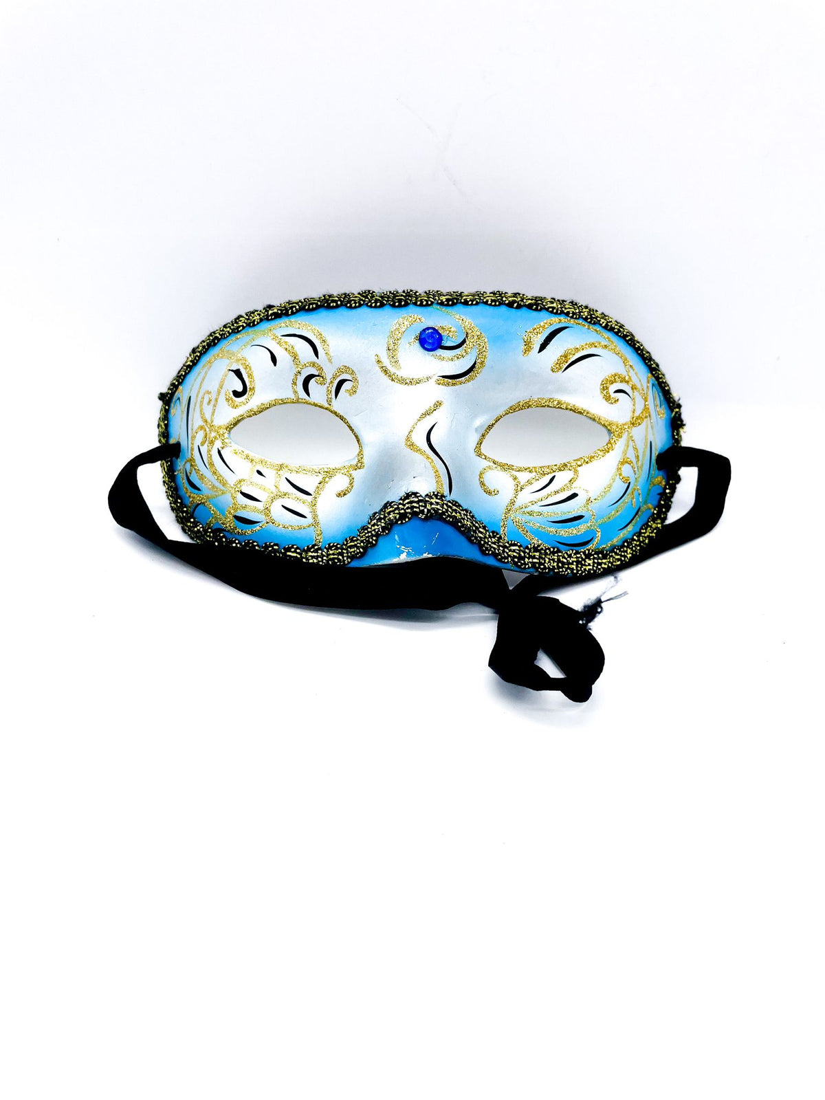 Maschera Veneziana Azzurra Con Glitter Oro Per Occhi Maschere Carnevale