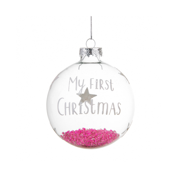 Pallina Albero Di Natale In Vetro Trasparente Il Mio Primo Natale Con Perline Rosa 8cm