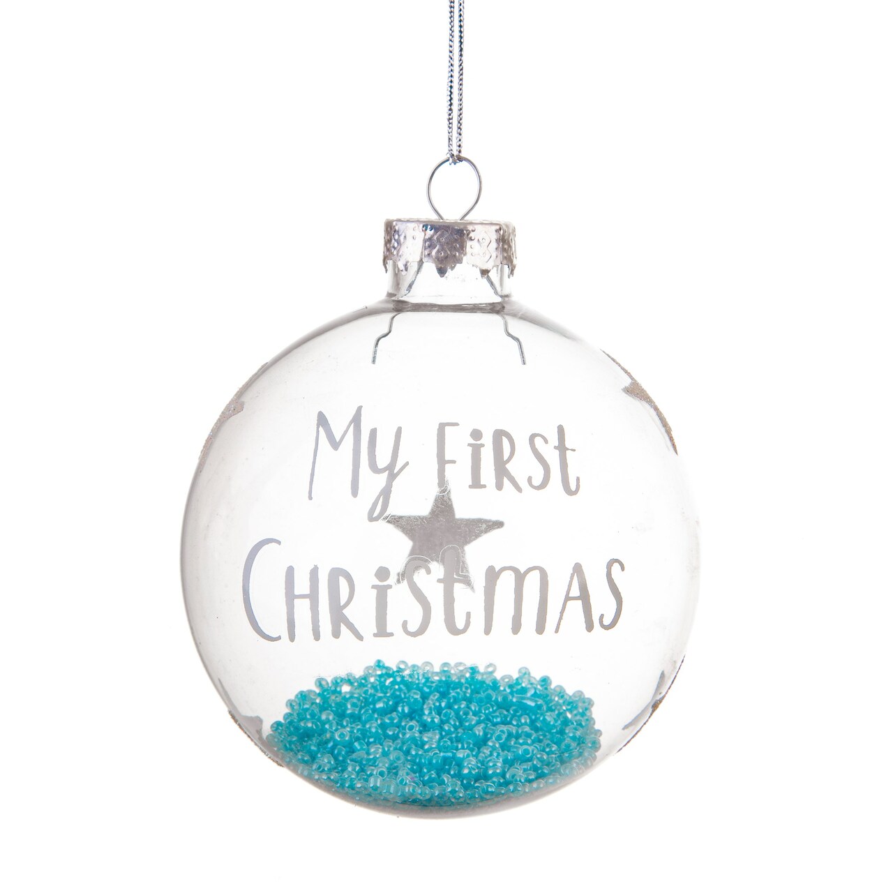 Pallina Albero Di Natale In Vetro Trasparente Il Mio Primo Natale Con Perline Azzurro 8cm