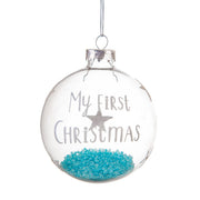 Pallina Albero Di Natale In Vetro Trasparente Il Mio Primo Natale Con Perline Azzurro 8cm