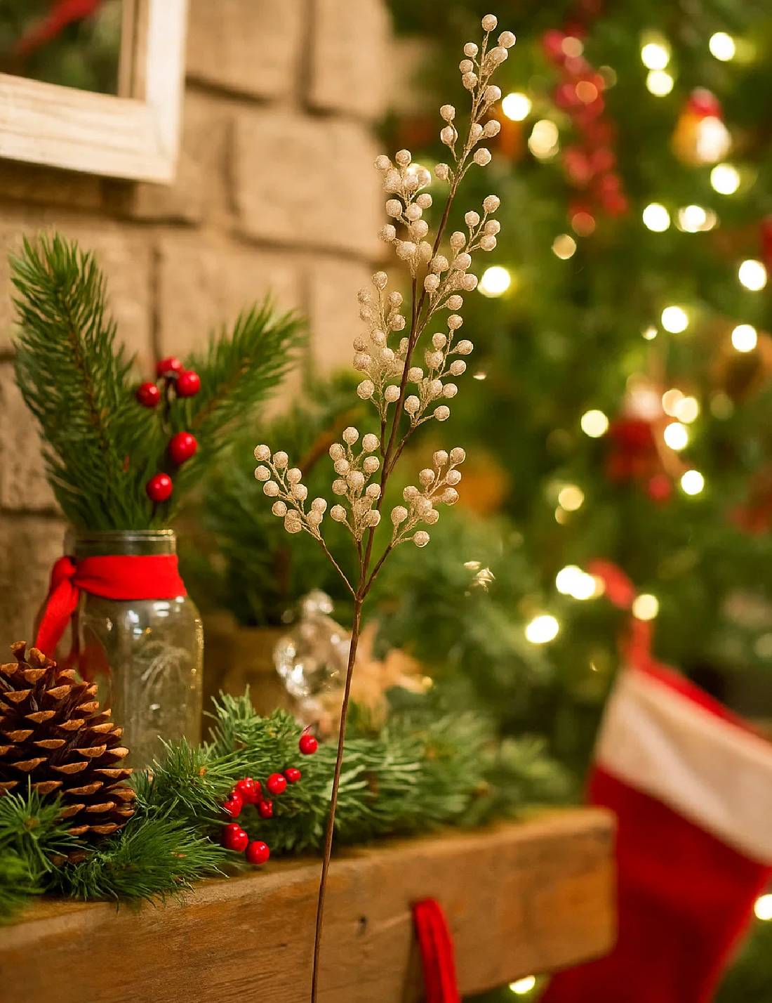 Ramo Decorativo Di Natale Con Bacche Champagne 60cm