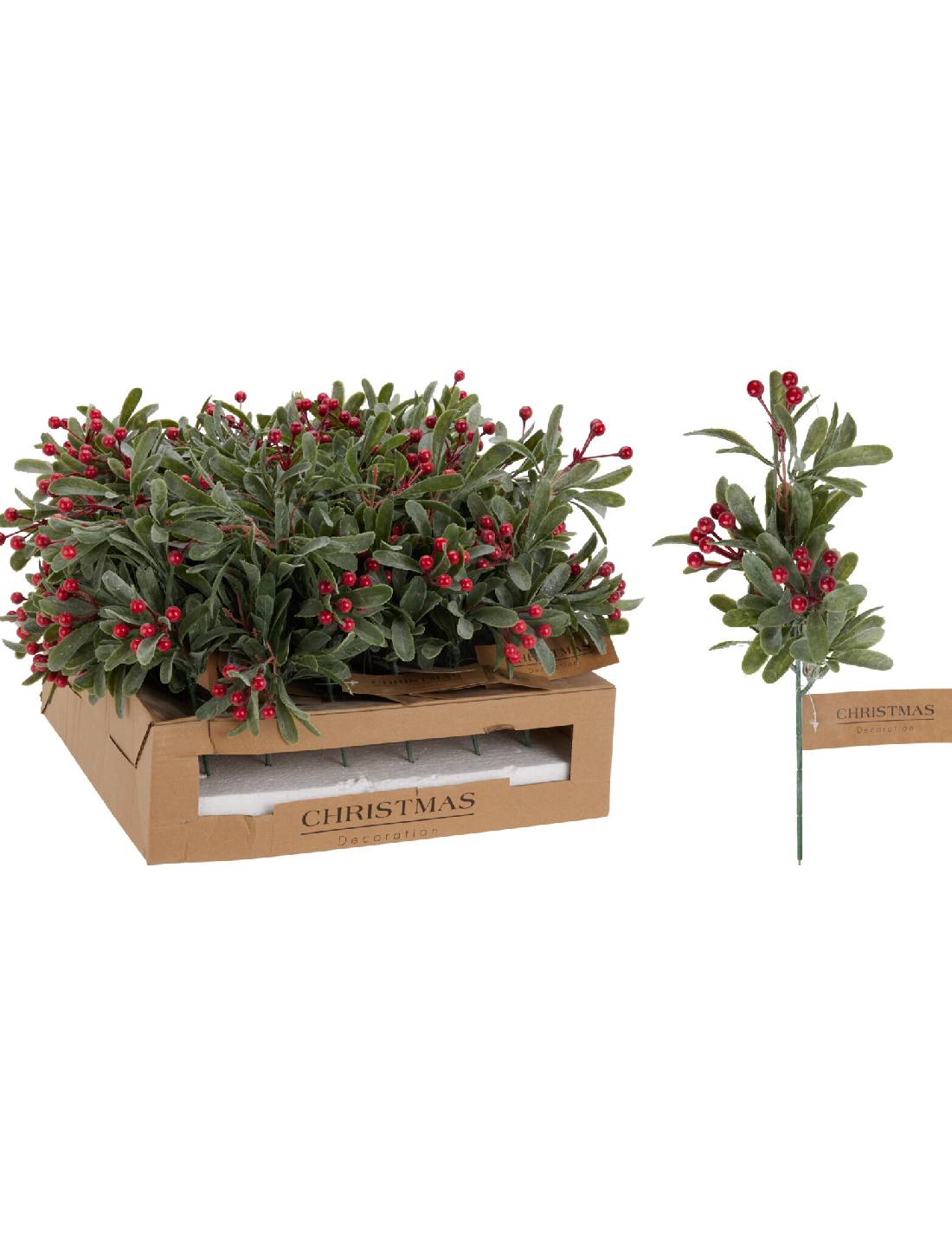 Ramo Decorativo Di Natale Con Foglie E Bacche Rosse 38cm