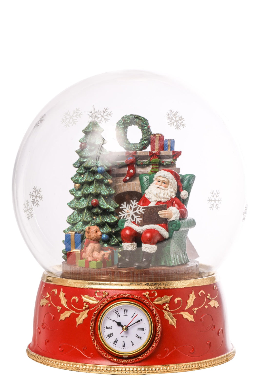 Carillon Palla Di Neve Babbo Natale Ed Orologio Sulla Base 30x30x37cm