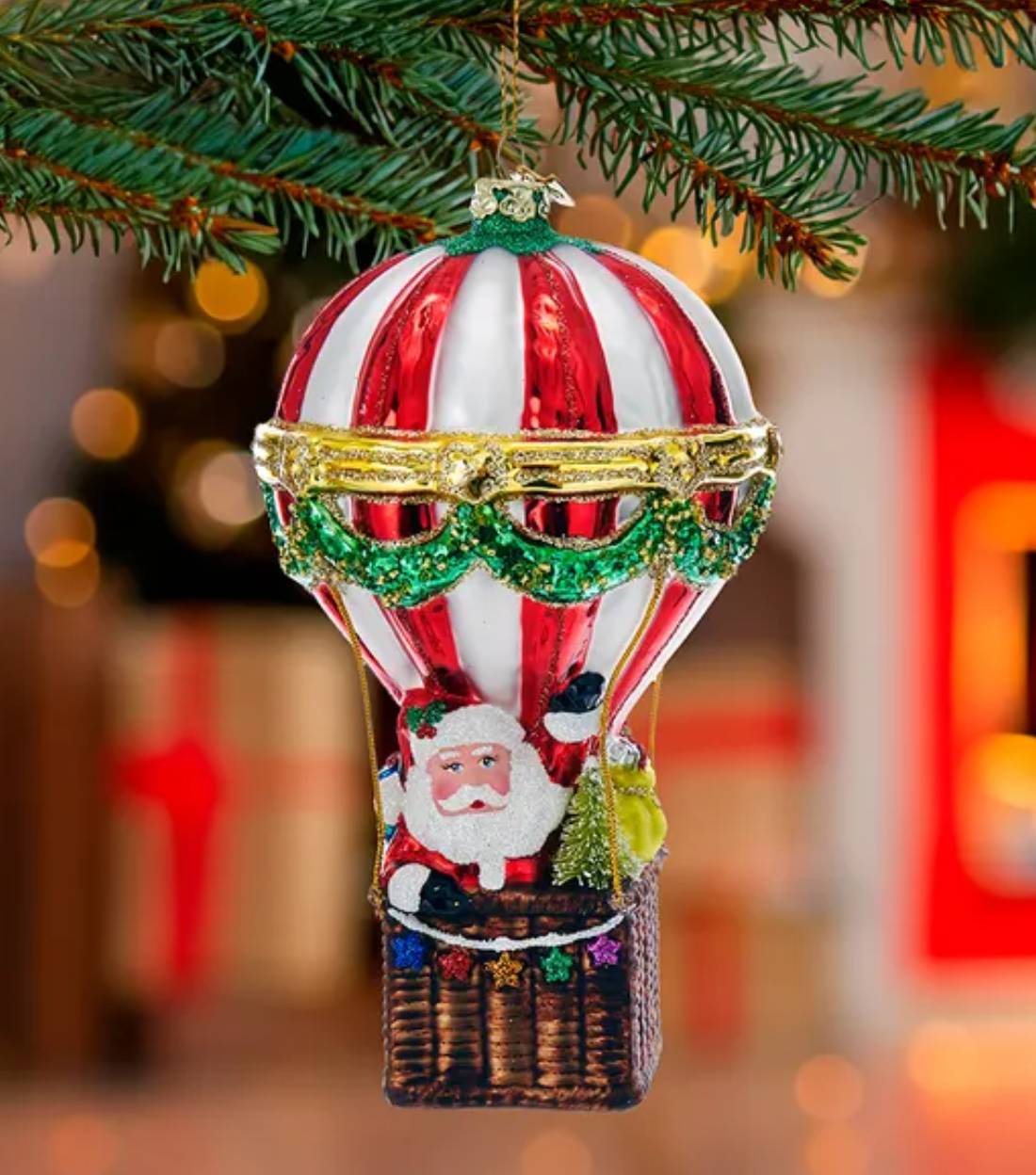 Addobbo Albero Di Natale In Vetro Babbo Natale In Mongolfiera 14cm