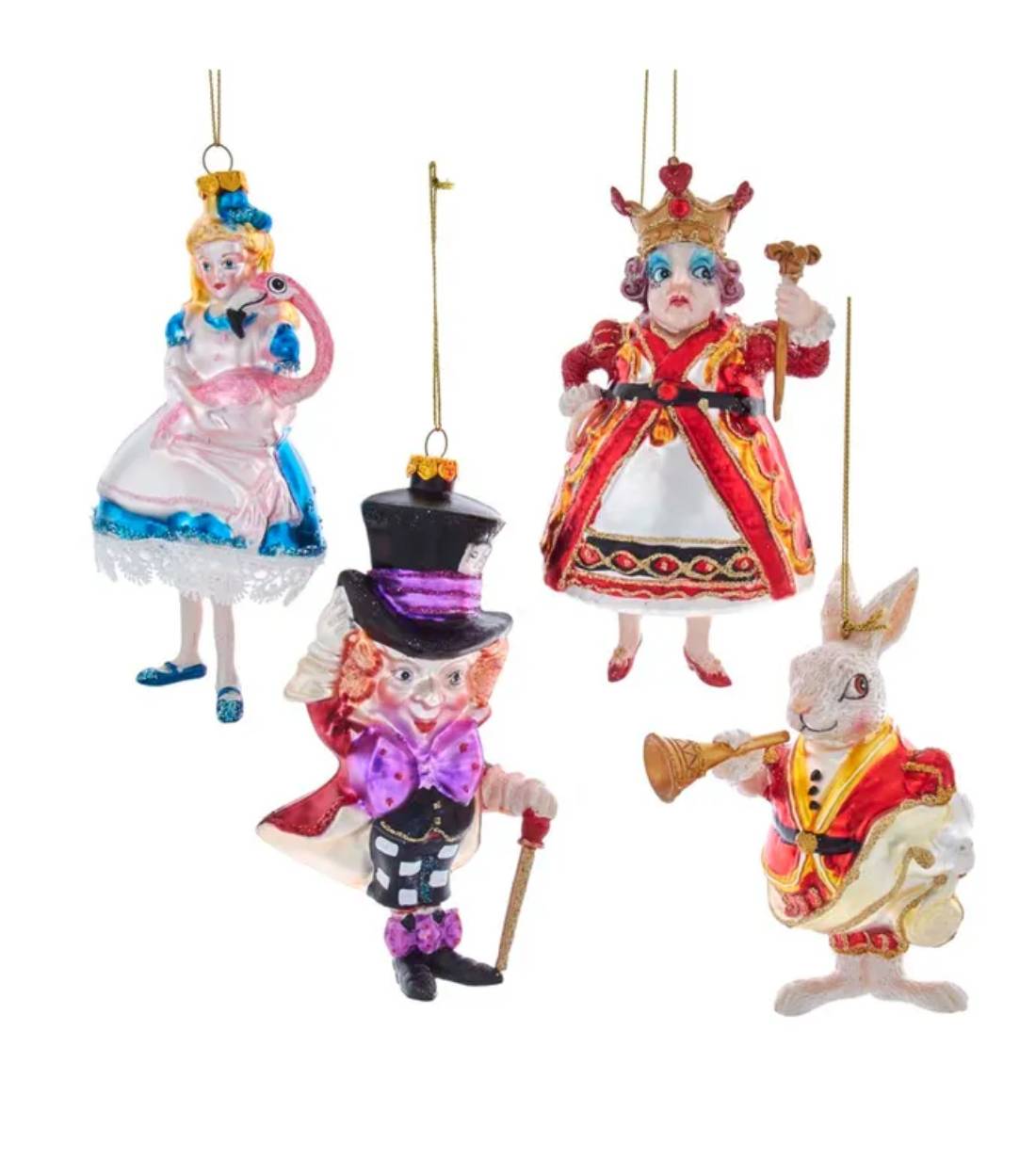 Set 4pz Addobbi Albero Di Natale In Vetro Alice Nel Paese Delle Meraviglie 14cm
