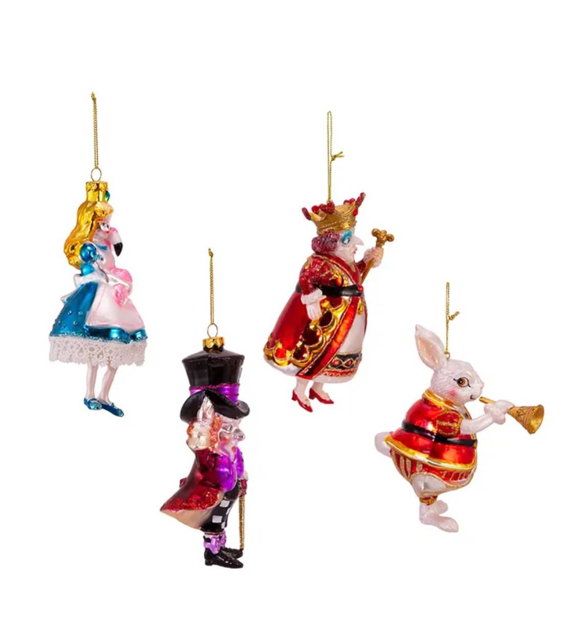 Set 4pz Addobbi Albero Di Natale In Vetro Alice Nel Paese Delle Meraviglie 14cm