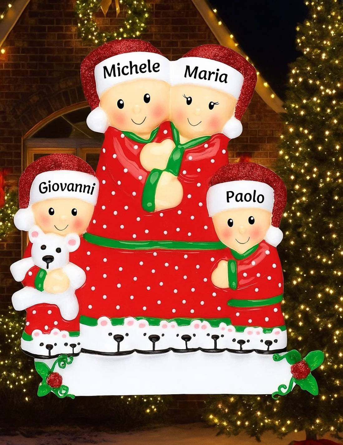 Addobbo Albero Di Natale Coppia Con 2 Figli E Peluche Personalizzabile