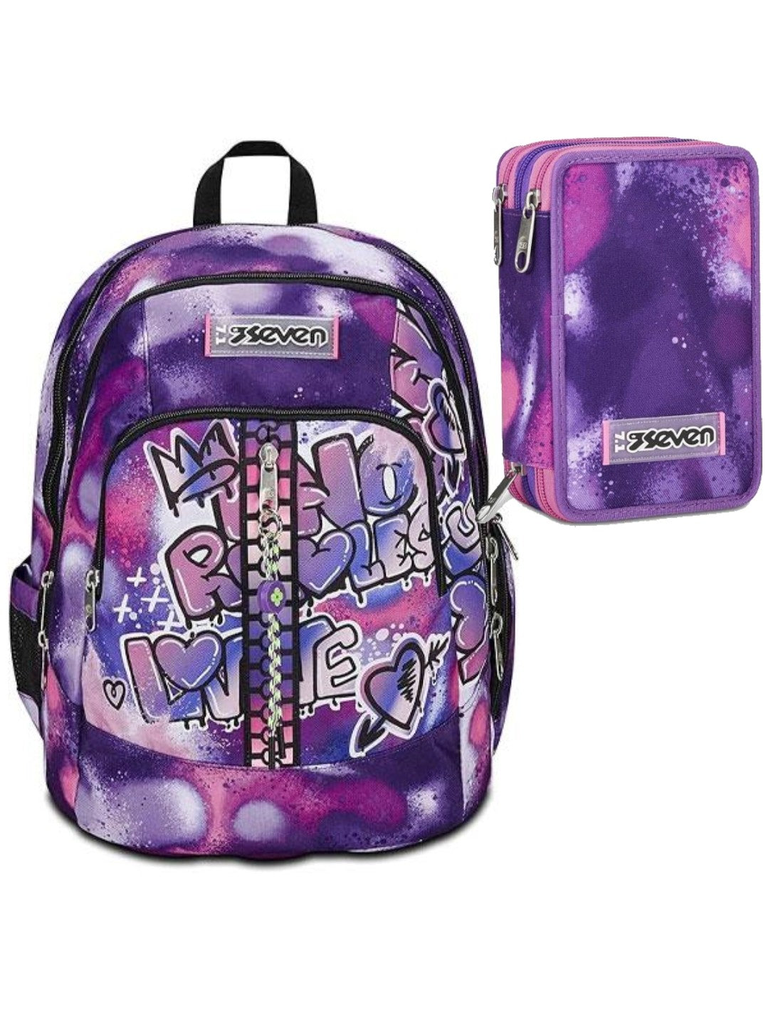 School Pack Zaino Seven Advanced Con Usb Plug Integrato Bubble Street Più Astuccio Completo 3 Zip