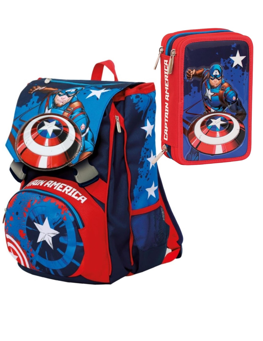 Seven School Pack Zaino Sdoppiabile Big Capitain America Più Astuccio Completo 3 Zip