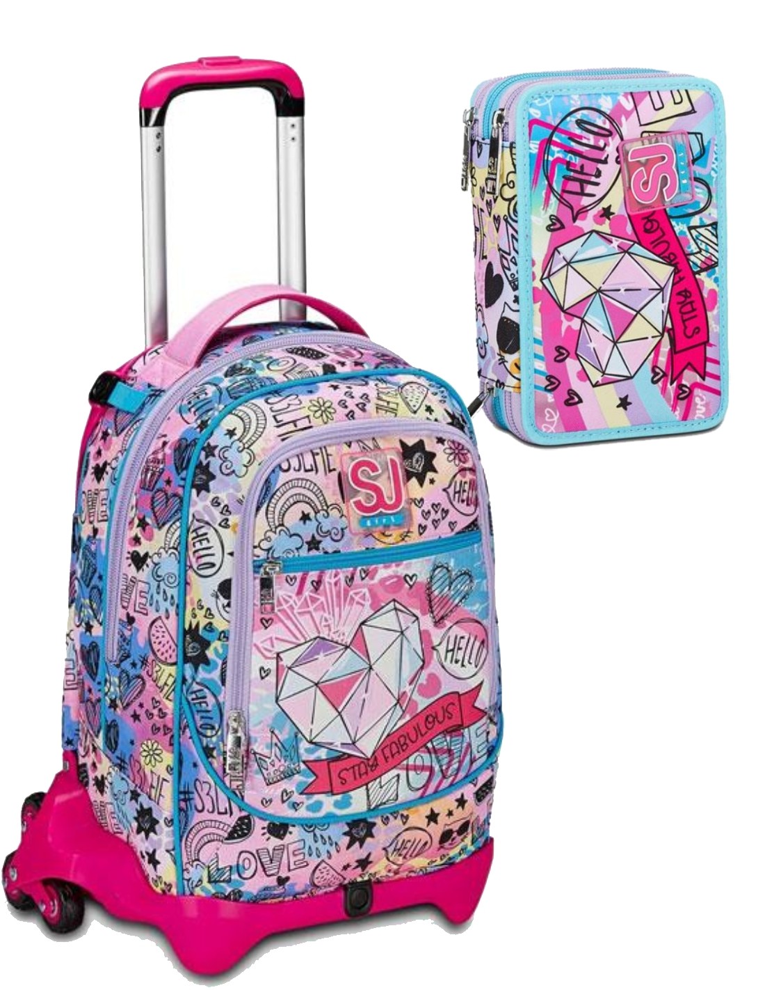 School Pack Zaino Trolley Seven Jack-3WD + Sj Gang Colorjam Girl Più Astuccio Completo 3 Zip