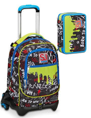 School Pack Zaino Trolley Seven Jack -3WD Sj Gang Born To Fun Più Astuccio Completo 3 Zip