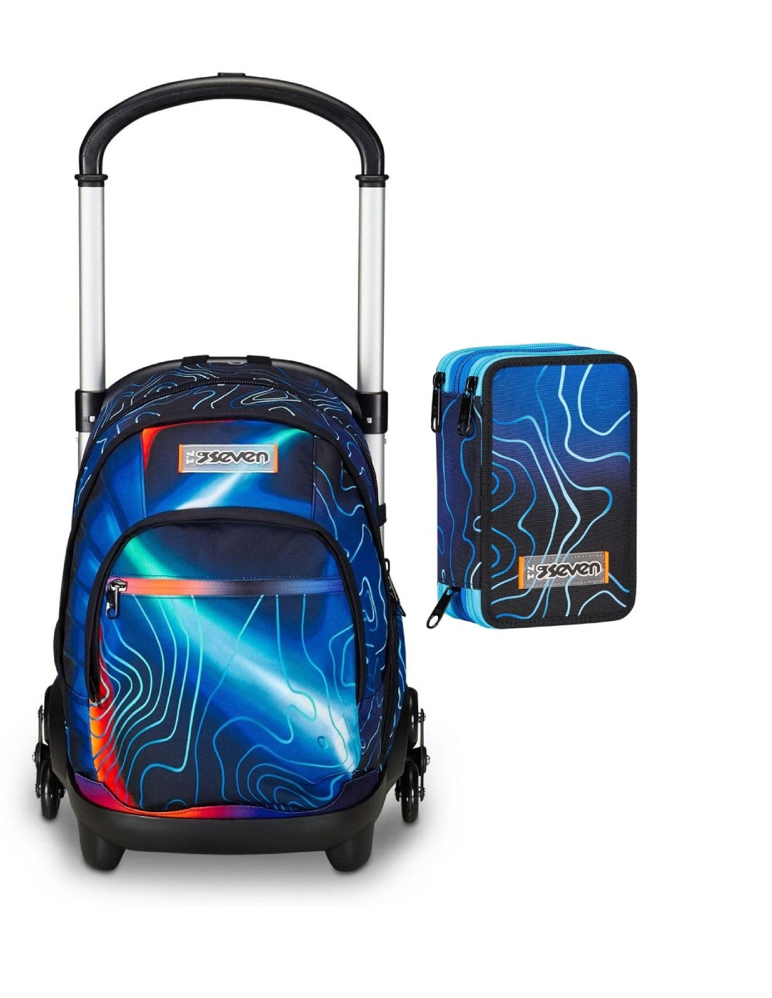 Seven School Pack Zaino Trolley Mapset 3WD Boy Più Astuccio Completo 3 Zip