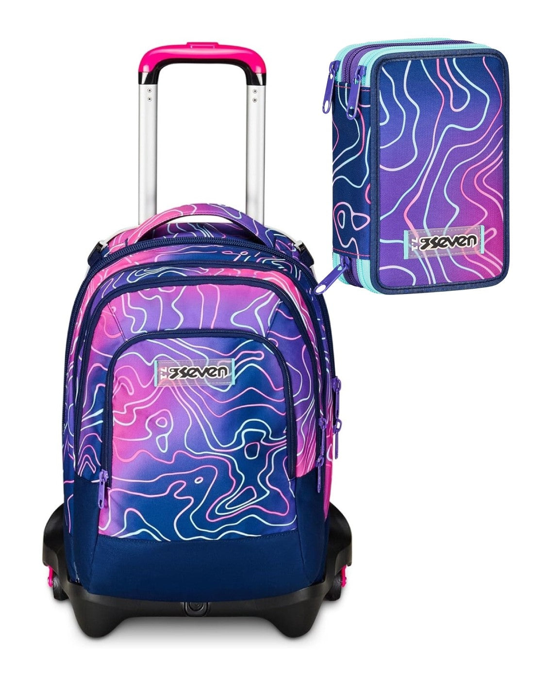 Seven School Pack Zaino Trolley Mapset 3WD Detach Più Astuccio Completo 3 Zip