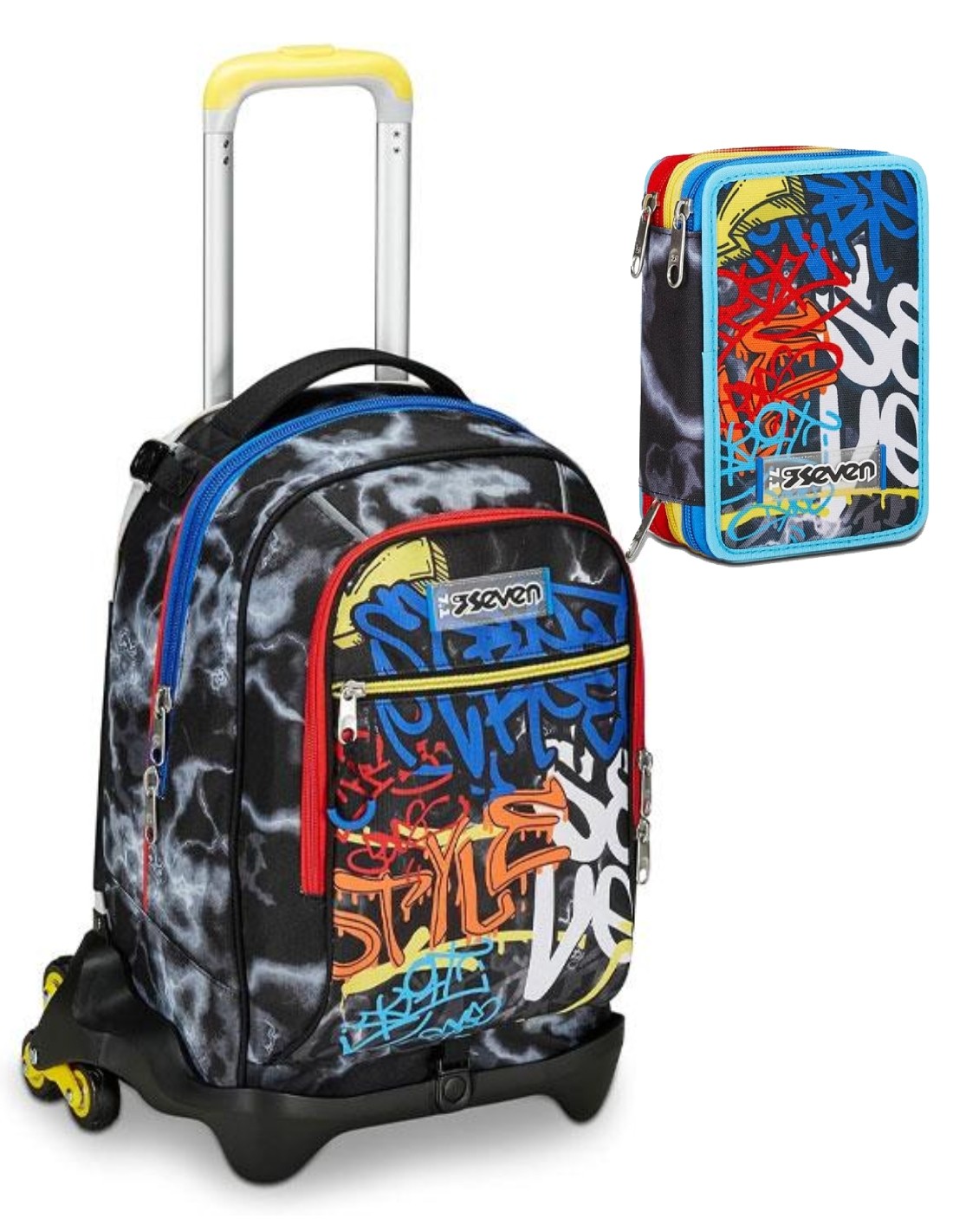 School Pack Zaino Trolley SeveJack -3WD+ Mark On Boy Più Astuccio Completo 3 Zip