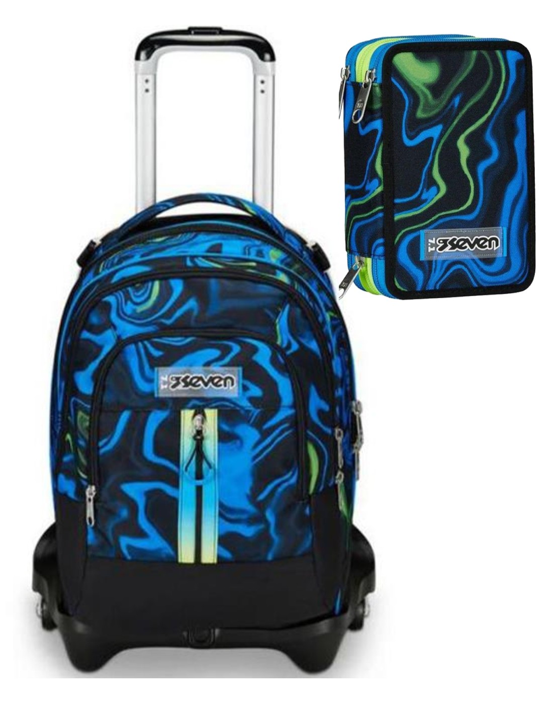 School Pack Zaino Trolley Seven -3WD Detach Più Astuccio Completo 3 Zip