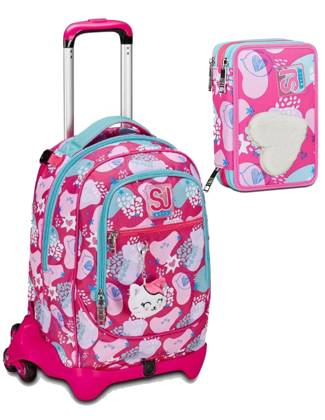 School Pack Zaino Trolley Seven Jack -3WD Sj Gang Pinkfur Più Astuccio Completo 3 Zip