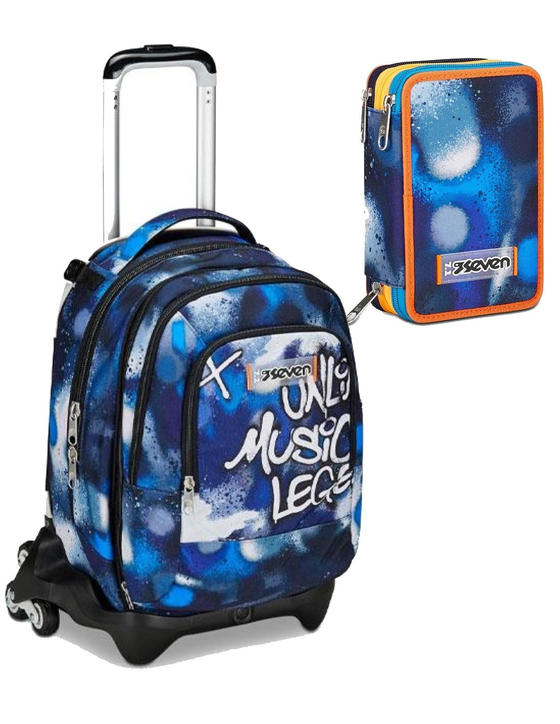 School Pack Zaino Trolley Seven 3WD + Detach Più Astuccio Completo 3 Zip
