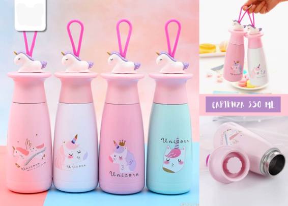 Borraccia In Acciaio Inox 350ml Unicorni Con Laccio