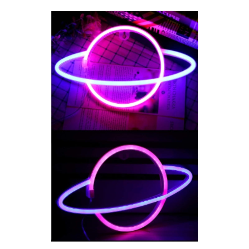Lampada Insegna Neon Led Rosa E Blu Pianeta 30x18cm