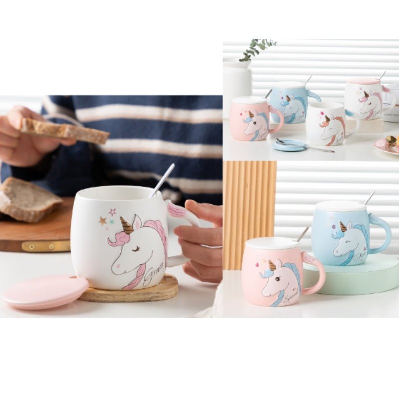Tazza In Ceramica Unicorno Con Coperchio E Cucchiaio Colori Assortiti