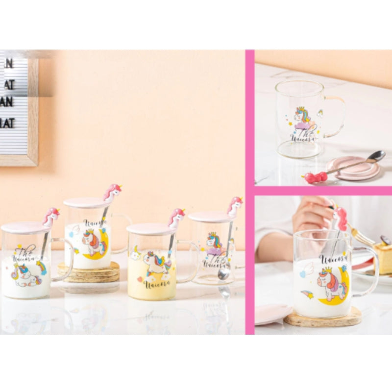 Tazza In Vetro Unicorno Con Coperchio E Cucchiaio Colori Assortiti