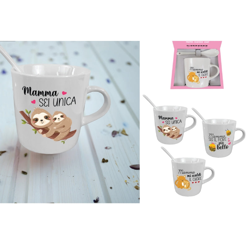 Tazzina Caffè In Ceramica Con Cucchiaino Animali Dedica Festa Della Mamma Assortita