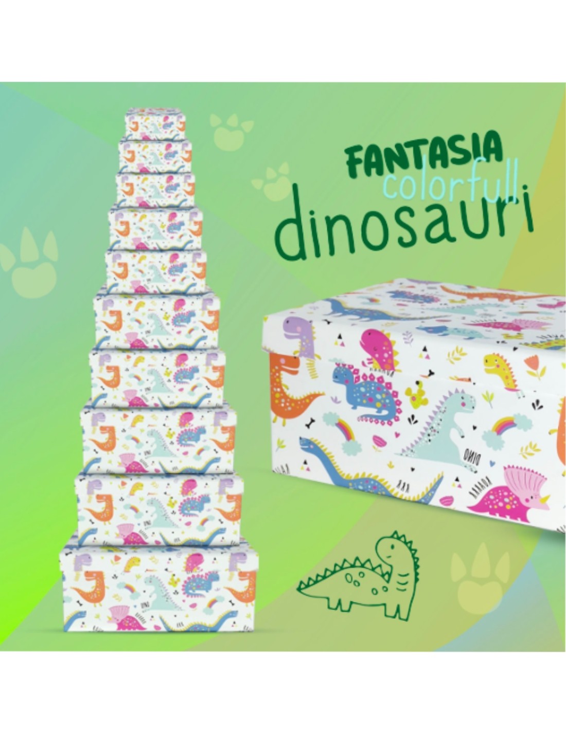 Scatola Box Regalo Rettangolare Dinosauri Colorati
