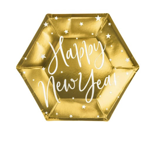 Piatti Di Carta 20cm Happy New Year Oro A Specchio Con Motivo Bianco Stelle E Scritta 6Pz.