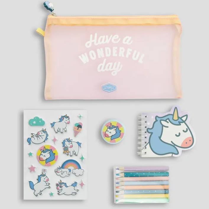 Set Scrittura Astuccio Portapenne Con Accessori Unicorno