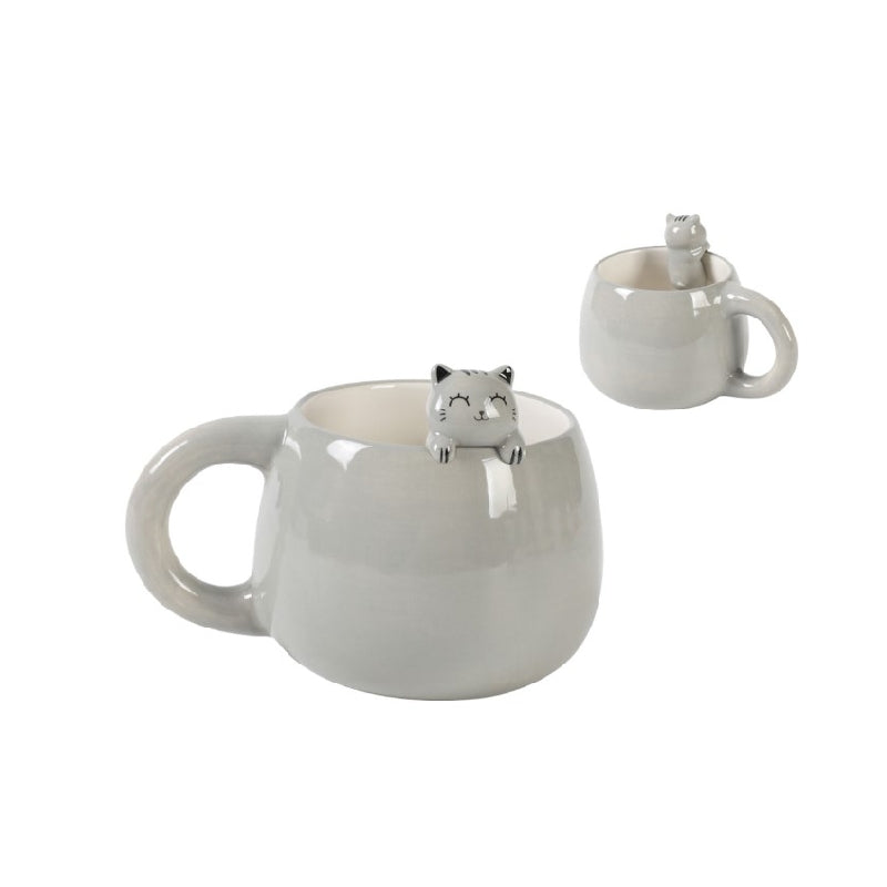 Tazza In Ceramica Gattino Grigio Con Charm Cat 3D