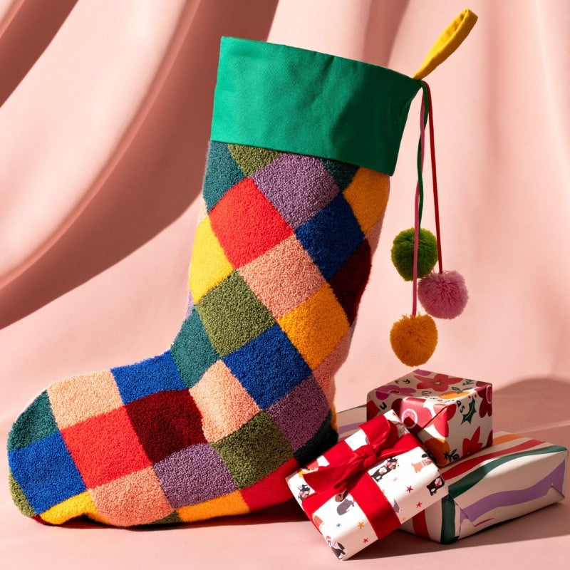 Calza Befana Epifania Rombi Colorati Con Pon Pon 37cm